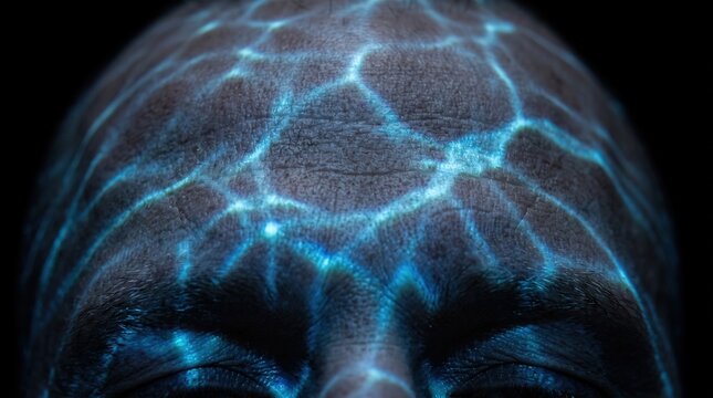 Underwater caustics light reflection projected on human forehead and closed eyes