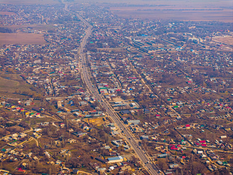 Aerial View of Residential Neighborhood with Central Road in Kyrgyzstan