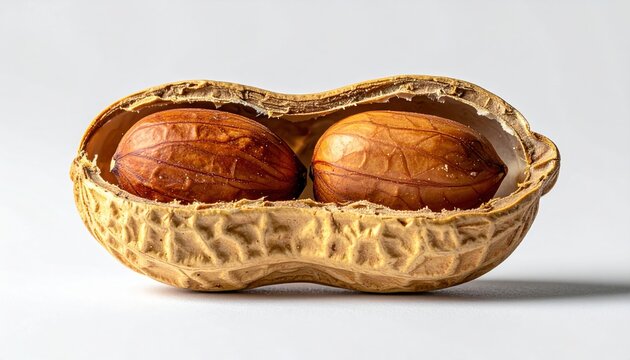 Open peanut shell revealing two brown nuts, clean white background, detailed food macro photography