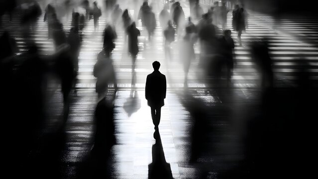 Black and white slow shutter photograph of a lone man standing out in a blurry crowd of pedestrians walking in opposite directions.