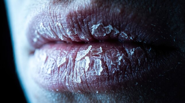 Extreme macro photo of severely dry cracked and peeling lips skin