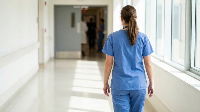 Healthcare worker in blue medical scrubs walking down bright hospital corridor during shift at modern medical unit.