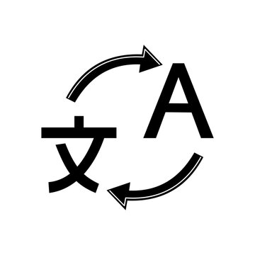 Language translation and interpretation icon featuring foreign characters and arrows, symbolizing the concept of language translation
