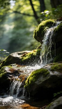 Crystal clear mountain water cascades over vibrant green mossy rocks in a peaceful sunlit forest clearing