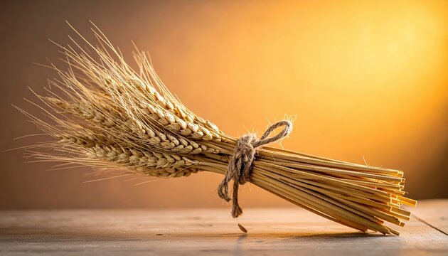 Natural wheat stalk bundle tied with rustic rope, clean warm background, harvest and agriculture concept