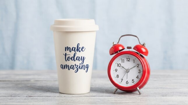 Motivational make today amazing text on travel mug with red alarm clock on blue background desktop.
