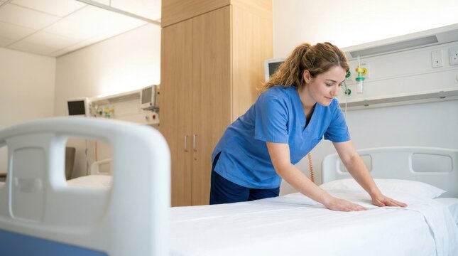 Nurse tidies white sheet on empty hospital bed in modern clinic room preparing for patient.