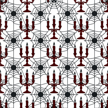 Halloween Seamless Pattern with Candelabras and Spiderwebs, Gothic Decorative Background