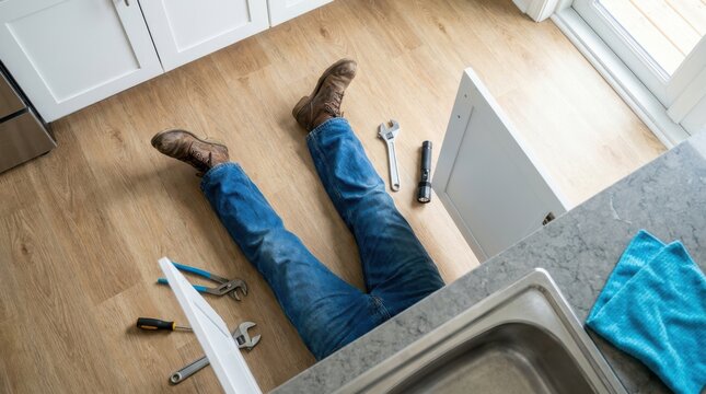 Professional plumber lying on kitchen floor fixing under sink pipes with metal tools for home repair maintenance work.