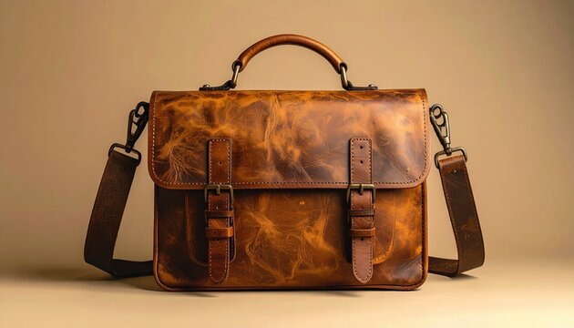 Brown leather messenger bag with vintage satchel design, clean warm beige background, fashion and travel accessory photography
