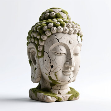 Intricately crafted white Buddha head with cracked surface and lush green moss, set against a white background.