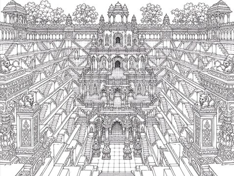 ornate Indian stepwell, Indian stepwell ink, stepwell architecture, intricate ink drawing, ancient Indian architecture, historic stepwell, ornate stone carvings, detailed line art, vintage engraving, 