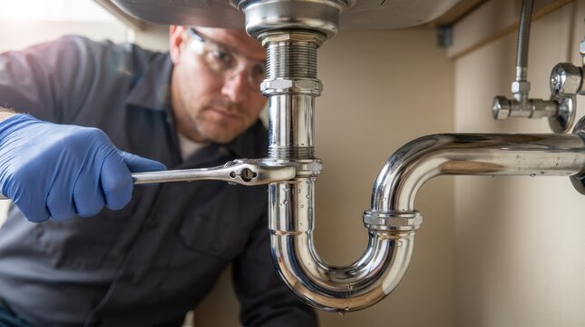 Professional plumber using adjustable wrench to tighten shiny metal pipe fitting under kitchen sink during repair.