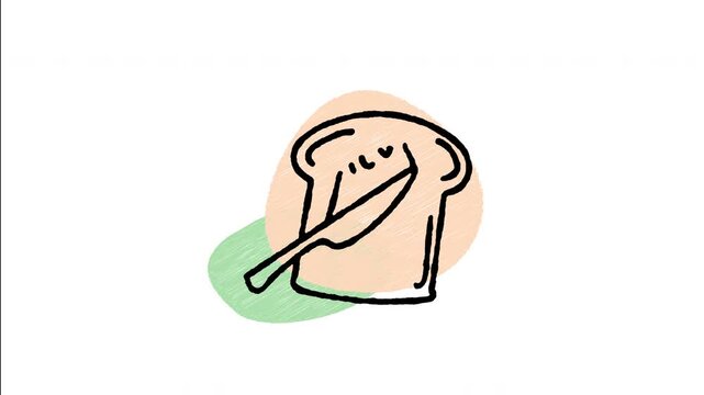 An animated hand-drawn slice of toast spread with fruity strawberry jam. Ideal for breakfast menus, morning meals, cafe snacks, and bakery items.