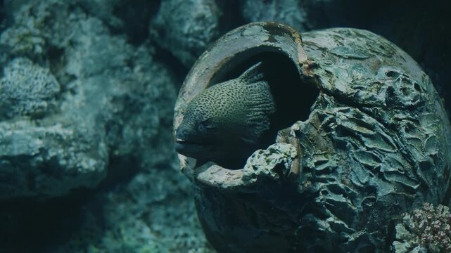 Spotted moray eel in ancient amphora eerie ocean depth photo perfect for articles, designs, and projects about marine life.