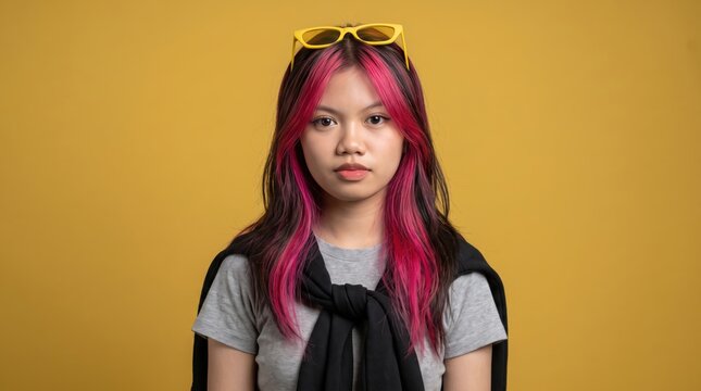 Young asian woman with pink hair highlights posing on yellow background