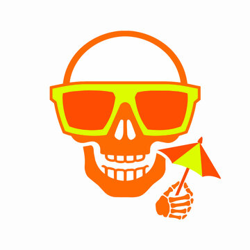 Summer Skull with Sunglasses and Cocktail Umbrella Vector Illustration, Vacation Concept