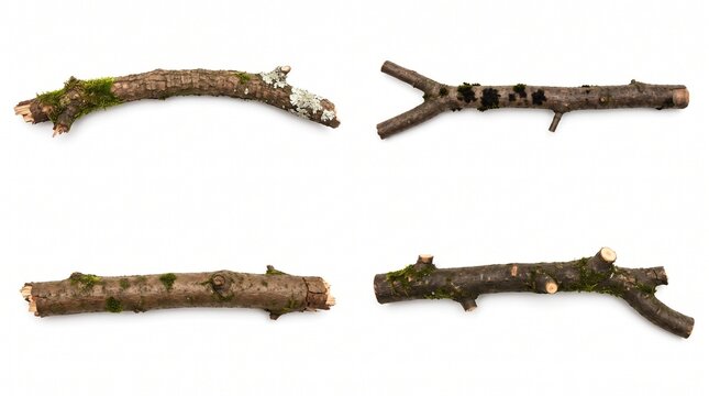 Tree branches with moss and lichen on white background with organic nature brown wood twig limb with moss with moss