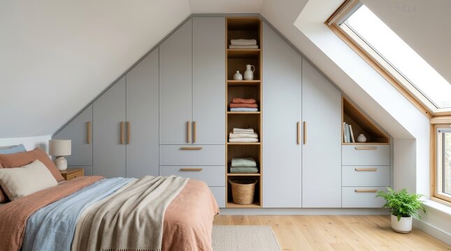Modern loft bedroom featuring a custom fitted wardrobe under a sloped ceiling.