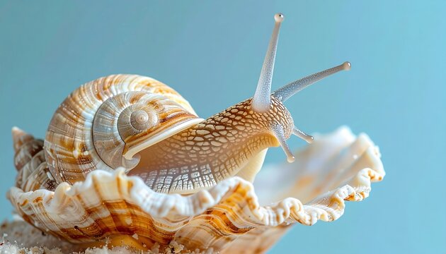 Edible sea snail emerging from intricately textured beige shell with antennae visible, clean pale blue background, detailed marine life photography