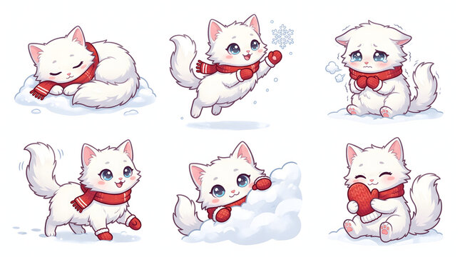 Set of cute white kitten character poses wearing red scarf and mittens playing in winter snow with emotions