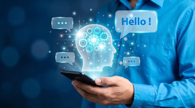 Man holding smartphone with digital brain with holds smartphone communication conversation technology thinking bubbles person gadget hello with chat