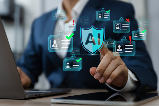 Businessman pointing to AI checks and approval icons.