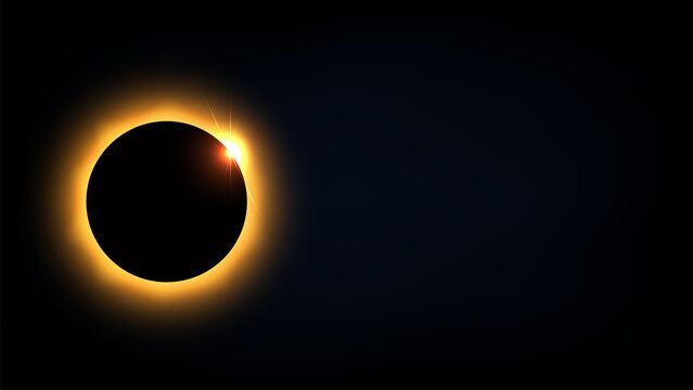 Solar eclipse with diamond ring effect and glowing golden light on a dark space background. Astronomy concept vector