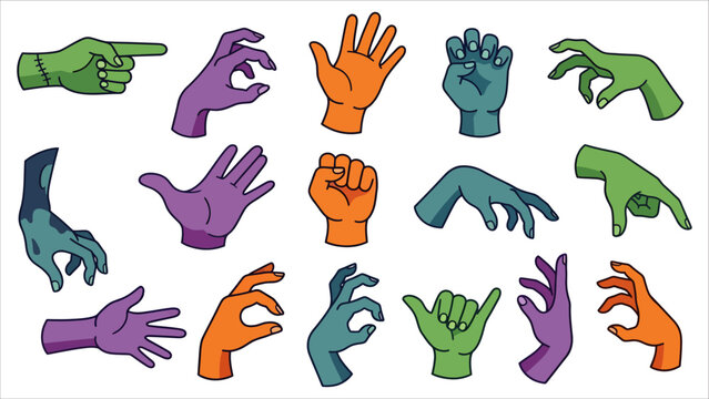 Set of colorful cartoon zombie hands in various gestures and poses for halloween themed and festive seasonal decorations