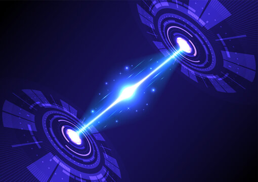 Abstract blue technology background with glowing data beam connecting two futuristic circular portals. Digital transfer concept.