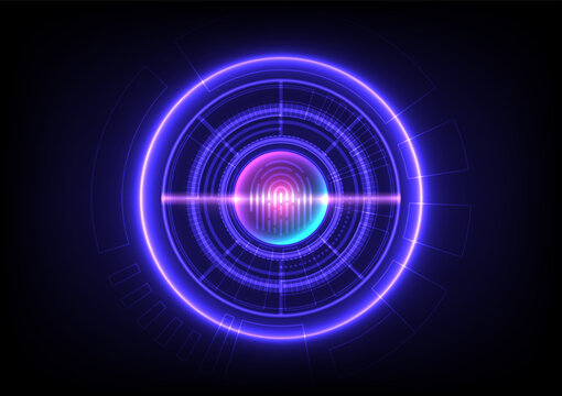 Abstract blue technology background with glowing digital fingerprint scanner and cyber security interface concept.