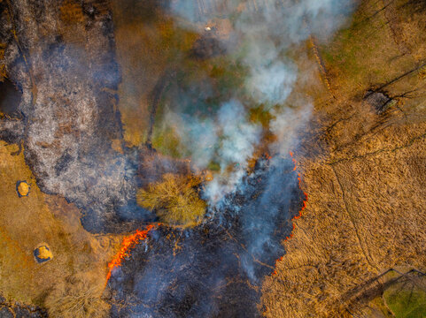 Aerial View of Wildfire Burning Through Dry Grass in Kyrgyzstan