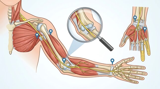 Human arm anatomy showing muscles and nerves diagram