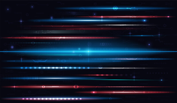 Abstract technology background with glowing blue and red horizontal data streams and digital network elements.