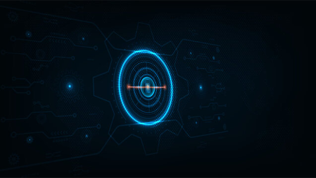 Cyber security concept for industry with glowing padlock, digital gears and network circuit background.