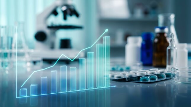 Clinical pharmacy medicine market growth chart showing pharmaceutical industry research and development success.