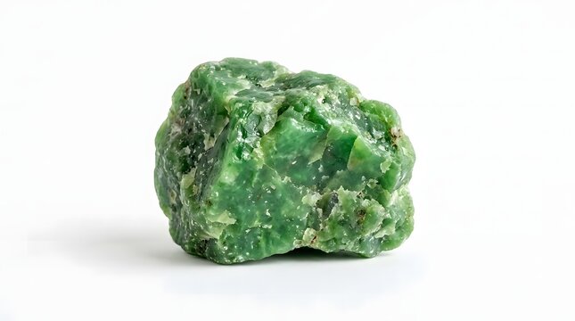 Rough green jadeite mineral specimen on a clear white background for geological study.