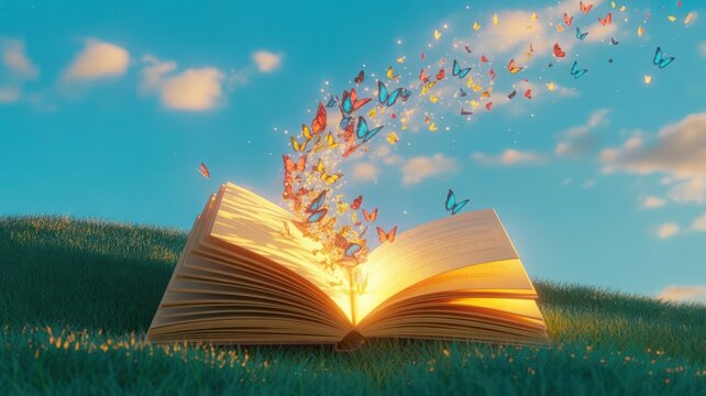 Giant Open Book with Butterflies Flying Out