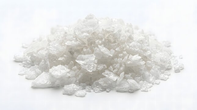 Heap of coarse white crystalline salt mineral grains isolated on plain white background.