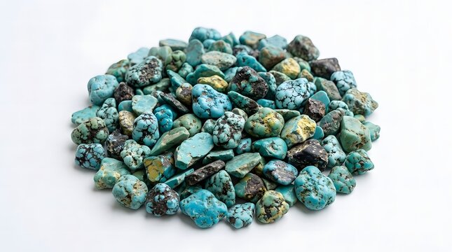 Raw turquoise gemstone pebbles pile on white background for jewelry and mineral collection.