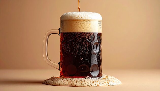 Mug of dark root beer topped with overflowing creamy foam, clean warm beige background, refreshing beverage photography