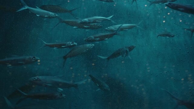 School of silver fish with shimmering scales in deep blue water, suitable for aquatic designs, fishing illustrations, and marine themes.