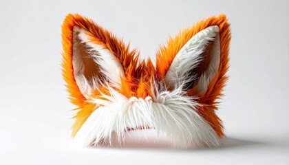 Naklejka premium Fox ears headband made from fluffy orange and white faux fur, clean white studio background, costume accessory product photography