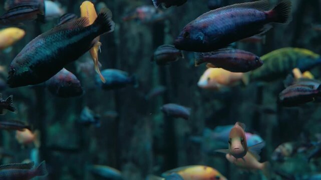 Tropical aquarium fish swim in dark blue, black, yellow, pink, and orange colors. Perfect for aquaticthemed designs and concepts.