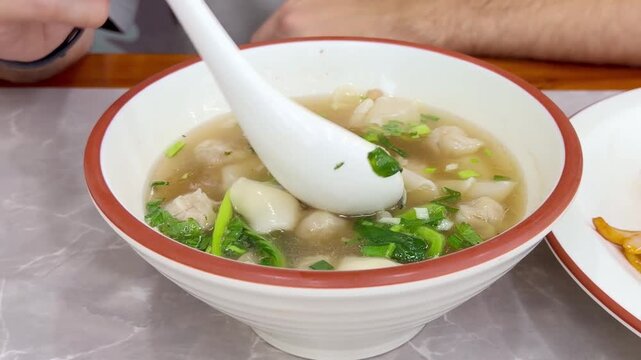 Close Up of Chinese Wontons on Restaurant Table &ndash; Traditional Dumpling Soup with Green Onions