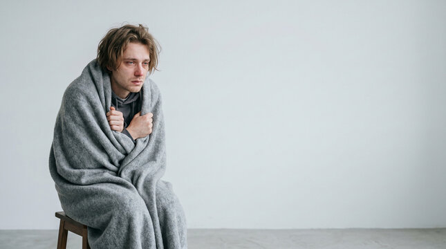 Sad Young Man Wrapped in Blanket Sitting on Stool