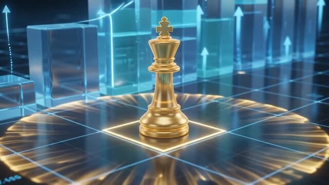 Golden chess king piece standing on a futuristic glowing financial chart background