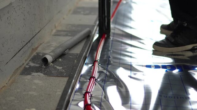 Highly engaging commercial ready closeup video of a worker installing red floor heating pipes using a professional tacker tool.