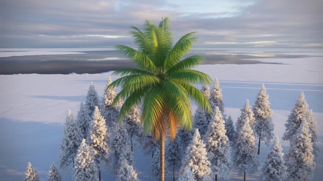 Giant Palm Tree in a Snowy Winter Landscape