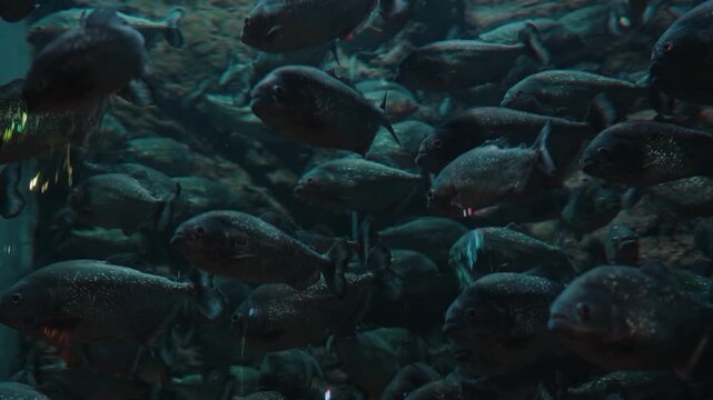 Many dark piranhas swimming underwater in a murky environment. This eerie image is perfect for horror themes or wildlife documentaries.